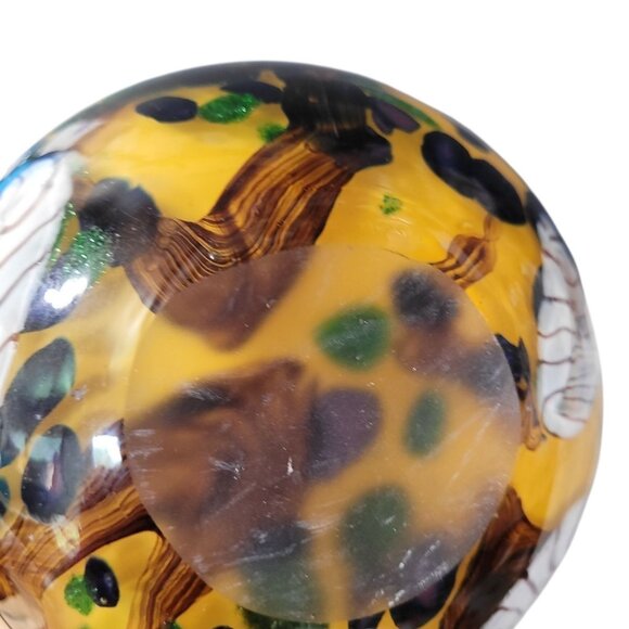 Vintage Murano Style Round Hand Blown Glass Vase Yellow Cobalt - Picture 6 of 9